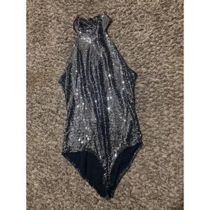 Blue S Shiny Turtleneck Bodysuit M